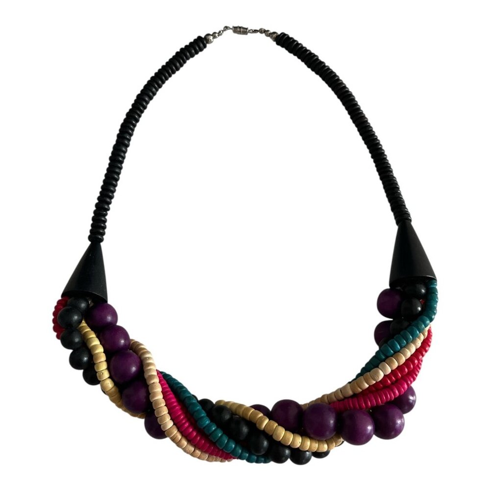 Vintage Multicolor Wooden Bead Statement Necklace – 9.25” Drop – 1980s Boho Retr